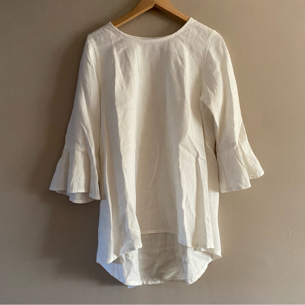 Crown Linen Designs Women’s White Linen Bella Tunic Top Bell Sleeves Size MEDIUM